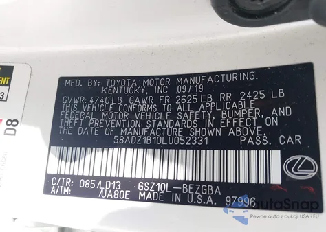 2020 Lexus Es 350 из США, поврежденный, VIN 58ADZ1B10LU052331